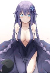 Rule 34 | 1girl, bare shoulders, blue eyes, blush, braid, breasts, choujigen game neptune, cleavage, closed mouth, dress, elbow gloves, gloves, hair ornament, highres, keenh, kneeling, large breasts, long hair, looking at viewer, navel, neptune (neptunia), neptune (series), plunging neckline, power symbol-shaped pupils, purple dress, purple gloves, purple hair, purple heart (goddesses&#039; promise), purple heart (neptunia), sideboob, simple background, smile, solo, symbol-shaped pupils, twin braids, white background