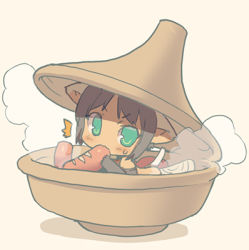 Rule 34 | 1girl, ^^^, animal ears, bad id, bad pixiv id, biting, blade (galaxist), bowl, brown hair, food, green eyes, hotpot, in bowl, in container, in food, lowres, mini person, minigirl, original, sausage, simple background, solo, steam, tail