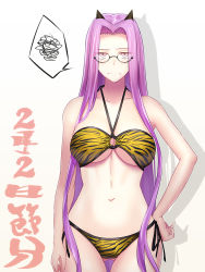 Rule 34 | 1girl, animal print, bare shoulders, bikini, blush, breasts, cleavage, collarbone, embarrassed, fate/stay night, fate (series), female focus, forehead, glasses, horns, large breasts, long hair, looking at viewer, matching hair/eyes, medusa (fate), medusa (rider) (fate), minami koyogi, navel, parted bangs, print bikini, purple eyes, purple hair, side-tie bikini bottom, sidelocks, solo, spoken squiggle, square pupils, squiggle, swimsuit, thighs, tiger print, underboob, very long hair, yellow bikini