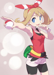 Rule 34 | 00s, 10s, 1girl, armpits, backpack, bag, bandana, bare shoulders, belt, bike shorts, blouse, blue eyes, blush, bow, breasts, brown hair, collarbone, creatures (company), fanny pack, fingernails, game freak, hair bow, hair ribbon, hairband, hand on own chin, handbag, highres, hip focus, holding, holding poke ball, looking at viewer, may (pokemon), may (pokemon oras), nail, nanjin, nintendo, open mouth, outstretched arms, pink background, pointing, poke ball, poke ball (basic), pokemon, pokemon oras, pokemon rse, red shirt, ribbon, shirt, short hair, short shorts, shorts, simple background, sketch, sleeveless, small breasts, smile, solo, spread arms, tongue, wristband
