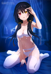 Rule 34 | 1girl, absurdres, adjusting hair, black hair, bra, breasts, cleavage, clock eyes, date a live, garter belt, garter straps, heterochromia, highres, lace, lace-trimmed bra, lace-trimmed panties, lace trim, lingerie, looking at viewer, megami magazine, official art, on bed, open mouth, panties, red eyes, roman numeral, scan, sitting, solo, stomach, symbol-shaped pupils, thighhighs, tokisaki kurumi, twintails, underwear, wariza, white bra, white panties, white thighhighs, yellow eyes