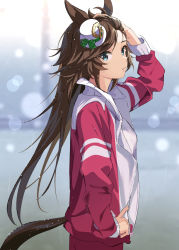 Rule 34 | 1girl, animal ears, arm up, blurry, blurry background, bokeh, brown hair, depth of field, green eyes, hand in own hair, hand on own hip, hat, horse ears, horse girl, horse tail, jacket, long hair, long sleeves, looking at viewer, mini hat, mini top hat, misu kasumi, mr. c.b. (umamusume), open clothes, open jacket, rain, red jacket, shirt, solo, tail, top hat, track jacket, umamusume, upper body, wet, wet clothes, wet hair, white shirt
