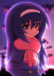 Rule 34 | 1girl, black hair, bloom, blue coat, buttons, closed mouth, coat, commentary request, dusk, girls und panzer, hairband, hands in pockets, highres, long hair, long sleeves, looking at viewer, ooarai winter school uniform, oyaman12000, pink scarf, reizei mako, scarf, school uniform, sky, smile, white hairband, yellow eyes