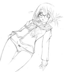 Rule 34 | 00s, 1girl, :o, blush, bow, bowtie, dutch angle, folded ponytail, glasses, greyscale, groin, komaki manaka, long sleeves, lowres, monochrome, open mouth, over-rim eyewear, sailor collar, school uniform, semi-rimless eyewear, simple background, solo, thigh gap, to heart (series), to heart 2, white background