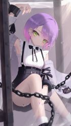 Rule 34 | 1girl, absurdres, bibi (tokoyami towa), black skirt, blouse, bound, cardigan, chain, collared shirt, commentary request, cuffs, green eyes, hair ornament, hairclip, high-waist skirt, highres, hololive, looking at viewer, multicolored hair, multicolored nails, nail polish, open cardigan, open clothes, pink hair, purple hair, shirt, skirt, sleeveless, sleeveless shirt, solo, suspender skirt, suspenders, thomas 8000, tokoyami towa, two-tone hair, virtual youtuber, white shirt, x hair ornament