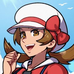 Rule 34 | 1girl, akairiot, bird, blue sky, bow, brown eyes, brown hair, commission, creatures (company), game freak, hand up, hat, hat bow, lens flare, long hair, lyra (pokemon), nintendo, open mouth, pokemon, pokemon hgss, red bow, sky, smile, solo, twintails, white hat