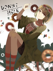 Rule 34 | 1girl, absurdres, bad id, bad pixiv id, brown eyes, chocolate (jitong), closed mouth, donut hole (vocaloid), doughnut, food, goggles, goggles on head, gradient background, green hair, green jacket, gumi, hand on own knee, highres, jacket, jewelry, necklace, pantyhose, paper, shirt, shorts, socks, solo, song name, striped clothes, striped socks, vocaloid