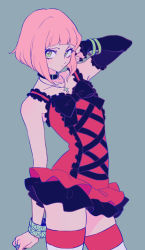 Rule 34 | 1girl, akiyama enma, arm at side, black choker, black nails, black ribbon, blunt bangs, bob cut, bracelet, choker, closed mouth, collarbone, contrapposto, cowboy shot, cross, cross-laced clothes, cross necklace, detached sleeves, dress, eyelashes, facing viewer, fingernails, flat color, frilled dress, frilled sleeves, frills, green eyes, grey background, hand up, inverted bob, jewelry, long eyelashes, nail polish, narrow waist, necklace, original, pastel colors, pink hair, red dress, ribbon, ring, serious, short dress, short hair, sideways glance, simple background, single detached sleeve, skindentation, solo, spaghetti strap, spiked bracelet, spikes, straight hair, thighhighs, two-tone legwear, zettai ryouiki