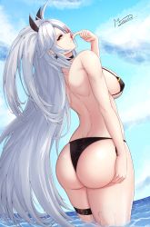 Rule 34 | 1girl, absurdres, ass, ass grab, ass support, azur lane, bare shoulders, bikini, black bikini, breasts, deep skin, dimples of venus, artistic error, flag print, from behind, german flag bikini, hair ribbon, highres, large breasts, long hair, looking at viewer, looking back, multicolored hair, musanix, prinz eugen (azur lane), prinz eugen (unfading smile) (azur lane), red eyes, red hair, ribbon, shiny skin, sideboob, silver hair, smile, solo, swimsuit, thick thighs, thigh strap, thighs, very long hair, wading, water