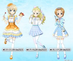 Rule 34 | 3girls, :o, assam (girls und panzer), belt, blonde hair, blue background, blue belt, blue dress, blue eyes, blue footwear, blue necktie, blue skirt, bow, bowtie, braid, bubble tea, candy, carrying, center frills, character name, closed mouth, clothing cutout, commentary request, darjeeling (girls und panzer), dress, dress shirt, food, food-themed clothes, food-themed hair ornament, fork, frilled dress, frilled sleeves, frills, fruit, girls und panzer, girls und panzer senshadou daisakusen!, hair bow, hair ornament, hair pulled back, high heels, holding, holding fork, juliet sleeves, layered dress, legs up, long hair, long sleeves, looking at viewer, mary janes, medium dress, miniskirt, multicolored bow, multicolored clothes, multicolored pantyhose, multicolored skirt, multiple girls, necktie, official alternate costume, official art, open mouth, orange dress, orange footwear, orange hair, orange pekoe (girls und panzer), pancake, pancake stack, parted bangs, parted lips, plaid, plaid skirt, pleated skirt, ponytail, puffy short sleeves, puffy sleeves, scrunchie, shirt, shoes, short hair, short sleeves, shoulder cutout, skirt, smile, standing, standing on one leg, star (symbol), strawberry, thighhighs, translated, twin braids, watermark, white shirt, white thighhighs, wing collar, wing hair ornament, wrist scrunchie, yellow bow, yellow bowtie, yellow scrunchie