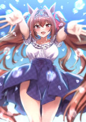Rule 34 | 1girl, :d, animal ears, blush, breasts, brown hair, daiwa scarlet (umamusume), fang, frills, highres, horse ears, horse girl, horse tail, large breasts, long hair, looking at viewer, nakahira guy, open mouth, outstretched arms, red eyes, skirt, smile, solo, tail, tiara, twintails, umamusume, very long hair