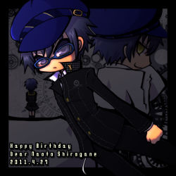 793_(artist) androgynous atlus blue_eyes blue_hair cabbie_hat dual_persona female_focus gender_request glasses happy_birthday hat persona persona_4 reverse_trap school_uniform shadow_(persona) shirogane_naoto short_hair yellow_eyes