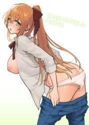 Rule 34 | 1girl, :o, alternate costume, ass, blush, breasts, brown hair, character name, clothes pull, girls&#039; frontline, green eyes, hair between eyes, hair ribbon, hair rings, highres, large breasts, long hair, looking at viewer, neck ribbon, nipples, open clothes, open shirt, panties, pants, pants pull, panty pull, ponytail, ribbon, shiny skin, shirt, shoukaki (earthean), sidelocks, simple background, solo, springfield (girls&#039; frontline), thighs, underwear, undressing, white background, white shirt