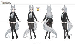 Rule 34 | 1girl, absurdres, animal ear fluff, animal ears, arm at side, artist name, belt collar, black footwear, black jacket, black skirt, black thighhighs, breasts, buttons, character sheet, closed mouth, clothing cutout, collar, collared shirt, commission, dated, eun soyeon (lustyfox), expressionless, female focus, formal, fox ears, fox girl, fox tail, from behind, from side, full body, garter straps, gijun, grey hair, high-waist skirt, high heels, highres, jacket, large breasts, legs, lock, long hair, long sleeves, looking at viewer, miniskirt, mole, mole under eye, multiple views, open clothes, open jacket, orange eyes, original, padlock, pencil skirt, pocket, profile, shirt, shirt tucked in, shoes, side slit, sidelocks, simple background, skirt, skirt suit, slit pupils, standing, suit, tail, tail through clothes, thighhighs, watermark, white background, white shirt, zettai ryouiki
