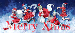 Rule 34 | 5girls, adapted costume, alternate costume, bag, bell, belt, bike shorts, blue eyes, blue hair, breasts, capelet, christmas ornaments, cleavage, collar, flying sweatdrops, ghost tail, green eyes, green hair, hair rings, hat, hat with ears, headphones, high heels, highres, jiangshi, kakao (noise-111), kaku seiga, large breasts, long hair, long sleeves, merry christmas, miyako yoshika, mononobe no futo, multiple girls, neck bell, open mouth, outstretched arms, over-kneehighs, ponytail, running, santa costume, santa hat, shawl, silver hair, smile, soga no tojiko, thighhighs, touhou, toyosatomimi no miko, wide sleeves, zombie pose