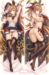Rule 34 | 10s, 1girl, animal ears, arm up, armpits, ass, black gloves, black thighhighs, breasts, brown hair, cape, clarisse (granblue fantasy), crotchless, crotchless panties, dakimakura (medium), full body, gloves, granblue fantasy, green eyes, hat, long hair, long legs, lying, multiple views, naked cape, nipples, on back, on side, panties, ponytail, pussy, rabbit ears, santa hat, smile, thighhighs, tidsean, uncensored, underwear, very long hair