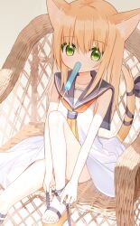 Rule 34 | 1girl, animal ear fluff, animal ears, armchair, bare arms, black bow, blonde hair, blue sailor collar, bow, brown footwear, cat ears, cat girl, cat tail, chair, collarbone, dress, food, food in mouth, green eyes, hair between eyes, highres, knee up, looking at viewer, mouth hold, on chair, original, popsicle, sailor collar, sailor dress, sandals, sleeveless, sleeveless dress, solo, tail, tail bow, tail ornament, waka (yuuhagi (amaretto-no-natsu)), white dress, yuuhagi (amaretto-no-natsu)