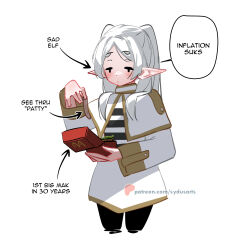Rule 34 | 1girl, burger, capelet, commentary, elf, english commentary, english text, food, frieren, highres, long hair, long sleeves, patreon username, pointy ears, sad, simple background, solo, sousou no frieren, speech bubble, sydus, truth, twintails, wcdonald&#039;s, white background, white hair