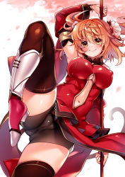 Rule 34 | 1girl, ahoge, bare shoulders, bike shorts, black shorts, black thighhighs, breasts, cameltoe, chinese clothes, clothing cutout, detached sleeves, fate/grand order, fate (series), flower, fujimaru ritsuka (female), fujimaru ritsuka (female) (the three great heroes), hair flower, hair ornament, highres, holding, holding staff, looking at viewer, medium breasts, monkey tail, navel, navel cutout, official alternate costume, orange hair, ruri rarako, short hair, shorts, smile, solo, staff, standing, standing on one leg, tail, the three great heroes, thighhighs, two side up