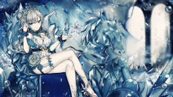Rule 34 | 1girl, absurdres, bare legs, black ribbon, blue eyes, blue ribbon, breasts, commentary request, crossed legs, daimaou ruaeru, dress, feet out of frame, garter straps, grey footwear, hair bun, hands up, heterochromia, highres, ice, ice sculpture, long hair, looking at viewer, medium breasts, neck ribbon, original, ribbon, shoes, silver hair, single hair bun, sitting, snowflakes, solo, thighs, throne, tiara, white dress, wrist cuffs, yellow eyes