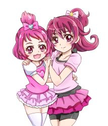 Rule 34 | 2girls, :3, :d, aida mana, arm around shoulder, arm around waist, bad id, bad pixiv id, bike shorts, blouse, blush, bow, dokidoki! precure, half updo, hand on shoulder, holding hands, hug, interlocked fingers, multiple girls, open mouth, personification, pink bow, pink eyes, pink hair, pink shirt, precure, sharuru (dokidoki! precure), sharuru (dokidoki! precure) (human), shirt, short hair, simple background, smile, sougetsu ayu, thighhighs, white background