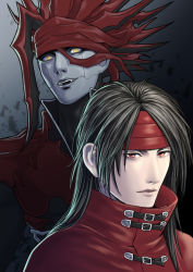 Rule 34 | 2boys, black hair, chaos (ff7), cloak, colored skin, cracked skin, dual persona, fangs, final fantasy, final fantasy vii, grey skin, headband, high collar, highres, long hair, looking at viewer, male focus, multiple boys, pale skin, parted bangs, parted lips, portrait, red cloak, red eyes, red headband, red headwear, sd supa, smile, upper body, vincent valentine, yellow eyes