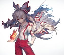 Rule 34 | 1girl, bow, collared shirt, contrapposto, dress shirt, expressionless, fire, floating hair, fujiwara no mokou, hair bow, hand in pocket, highres, kotoribako, long hair, long sleeves, open hand, pants, pink eyes, red pants, shirt, signature, silver hair, solo, standing, suspenders, touhou, very long hair, white bow, white shirt, wind, wing collar