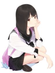 Rule 34 | 1girl, ama mitsuki, backpack, bag, bare legs, black bow, black bowtie, black hair, black sailor collar, black skirt, black socks, bow, bowtie, brown footwear, charm (object), full body, head rest, loafers, long hair, long sleeves, looking at viewer, miniskirt, original, parted lips, pleated skirt, red eyes, sailor collar, school uniform, shark, shirt, shoes, simple background, skirt, sleeves rolled up, socks, solo, squatting, thighs, white background, white shirt