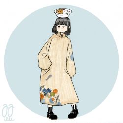 Rule 34 | 1girl, awai880, black eyes, black footwear, black hair, blunt bangs, bright pupils, brown dress, circle, dress, food, food on head, full body, hand in pocket, long sleeves, object on head, original, print dress, puffy long sleeves, puffy sleeves, shoes, short hair, signature, socks, solo, standing, striped clothes, striped socks, white pupils