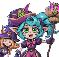 Rule 34 | 2girls, animal ears, bewitching neeko, bewitching poppy, black gloves, blonde hair, bow, bowtie, breasts, character request, cowboy shot, gloves, green eyes, green hair, grey background, hat, holding, holding staff, large breasts, league of legends, long hair, multiple girls, neeko (league of legends), pants, phantom ix row, pink bow, pink bowtie, pink pants, poppy (league of legends), puffy short sleeves, puffy sleeves, shiny clothes, short sleeves, simple background, staff, twintails, upper body, witch hat, yordle