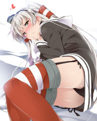 Rule 34 | 1girl, amatsukaze (kancolle), ass, bed sheet, black dress, black panties, blush, brown eyes, closed mouth, commentary, dress, embarrassed, garter straps, gloves, hair tubes, hat, heart, highres, kantai collection, long hair, long sleeves, looking at viewer, lying, mini hat, mtu (orewamuzituda), on side, panties, pantyshot, red thighhighs, sailor dress, short dress, silver hair, single glove, sleeves past wrists, solo, striped clothes, striped thighhighs, symbol-only commentary, thighhighs, two side up, underwear, white gloves