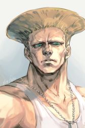 Rule 34 | 1boy, blonde hair, capcom, dog tags, english text, flattop, green eyes, grey background, guile, hungry clicker, looking at viewer, male focus, manly, muscular, parted lips, shirt, simple background, solo, street fighter, street fighter ii (series), tank top, upper body, white background, white shirt