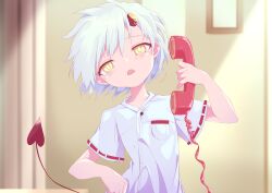 Rule 34 | 1girl, absurdres, blush, breast pocket, bright pupils, broken horn, collarbone, demon girl, demon tail, eyelashes, highres, holding, holding phone, horns, indoors, looking at viewer, nomura kitan, open mouth, original, phone, pocket, short hair, solo, tail, white hair, white pupils, wide sleeves, yellow eyes