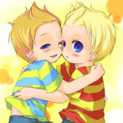 Rule 34 | 2boys, blonde hair, blouse, blue eyes, brothers, claus (mother 3), hakaze, hug, lucas (mother 3), male focus, mother (game), mother 3, multiple boys, nintendo, one eye closed, orange hair, shirt, siblings, smile, striped clothes, striped shirt, twins, wink