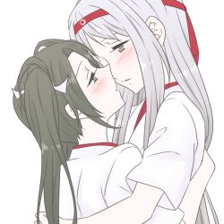 Rule 34 | 10s, 2girls, bad id, bad pixiv id, blush, brown eyes, brown hair, eye contact, female focus, green eyes, hachimaki, hair ribbon, hair rings, headband, hug, imminent kiss, japanese clothes, kantai collection, long hair, looking at another, miko, multiple girls, open mouth, ribbon, shoukaku (kancolle), silver hair, simple background, smile, twintails, udon (shiratama), upper body, white background, yuri, zuikaku (kancolle)