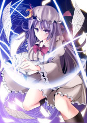 Rule 34 | 1girl, bad id, bad pixiv id, blush, book, bow, breasts, crescent, dress, female focus, flying paper, gradient background, hat, kurume shou, lights, long hair, long sleeves, magic circle, paper, patchouli knowledge, purple eyes, purple hair, smile, solo, striped clothes, striped dress, touhou, white dress