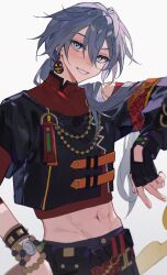 1boy belt black_gloves black_jacket black_pants blue_eyes bracelet crop_top earrings ensemble_stars! gloves grey_hair highres jacket jewelry long_hair long_sleeves low_ponytail male_focus pants pinenut_sn red_shirt shiina_niki shirt short_sleeves smile solo teeth white_background