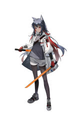 Rule 34 | 1girl, absurdres, animal ear fluff, animal ears, arknights, black hair, black pantyhose, brown eyes, chinese commentary, closed mouth, colored inner hair, commentary, dual wielding, full body, gloves, hair between eyes, highres, holding, holding sword, holding weapon, jacket, long hair, long sleeves, looking at viewer, multicolored hair, multiple swords, official alternate costume, pantyhose, red gloves, red hair, shoes, shorts, shoulder strap, simple background, smile, sneakers, solo, standing, starzexingze, sword, tail, texas (arknights), texas (winter messenger) (arknights), two-tone hair, weapon, white background, white footwear, white jacket, wolf ears