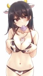 Rule 34 | 1girl, animal ears, between breasts, bikini, black hair, bottle, breasts, breasts squeezed together, collarbone, condom, condom in mouth, condom wrapper, cow ears, cow horns, cowboy shot, head tilt, highres, horns, long hair, medium breasts, milk bottle, mouth hold, nagami yuu, navel, original, red eyes, sexually suggestive, simple background, solo, swimsuit, white background