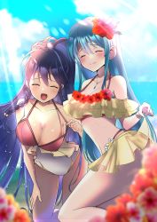 Rule 34 | 2girls, :d, absurdres, aqua hair, ass, azusa (azchemist63), bare shoulders, bikini, blue hair, blush, braid, breasts, cameltoe, cleavage, closed eyes, collarbone, covered navel, eirika (fire emblem), fire emblem, fire emblem: the sacred stones, fire emblem heroes, flower, hibiscus, highres, jewelry, large breasts, layered bikini, leaning forward, long hair, looking at viewer, medium breasts, multiple girls, necklace, nintendo, official alternate costume, one-piece swimsuit, open mouth, ponytail, skirt hold, smile, sunlight, swimsuit, tana (fire emblem), tana (summer) (fire emblem), twin braids, twintails, two-tone bikini, very long hair, white one-piece swimsuit, yellow bikini