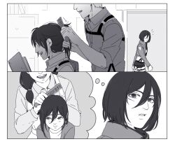 Rule 34 | 1boy, 1other, 2girls, aquiline nose, book, brushing hair, carla yeager, chair, comb, comic, commentary, cropped jacket, english commentary, facial scar, glasses, greyscale, hair between eyes, hair over shoulder, hange zoe, hanpetos, holding, holding book, mikasa ackerman, moblit berner, monochrome, multiple girls, reading, scar, scar on cheek, scar on face, shingeki no kyojin, silent comic, suspenders, thought bubble