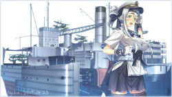 Rule 34 | 10s, 1girl, :d, alternate costume, artist name, black skirt, black thighhighs, blue eyes, commentary request, dated, folded ponytail, gloves, hair between eyes, hat, headband, highres, kamoi (kancolle), kantai collection, key kun, long hair, open mouth, peaked cap, pleated skirt, revision, short sleeves, sidelocks, skirt, smile, solo, thick eyebrows, thighhighs, white gloves, white hair