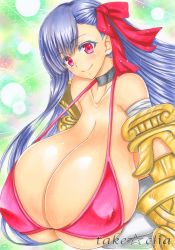 Rule 34 | 10s, 1girl, bare shoulders, bikini, bikini top only, breasts, choker, cleavage, collar, collarbone, covered erect nipples, fate/extra, fate/extra ccc, fate/grand order, fate (series), female focus, gauntlets, gigantic breasts, hair ornament, hair ribbon, highres, long hair, looking at viewer, marker (medium), passionlip (fate), purple hair, red bikini, red eyes, ribbon, sagging breasts, smile, solo, string bikini, swimsuit, takecha, traditional media, upper body, weapon