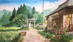 Rule 34 | billboard, blue sky, building, bush, chochottochoina, cloud, cloudy sky, flower, forest, grass, house, mountain, nature, no humans, omohide poro poro, painting (medium), path, red flower, road, scenery, sky, thatched roof, torii, traditional media, utility pole, wooden wall