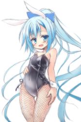 Rule 34 | 1girl, :d, animal ears, bare shoulders, black leotard, blue bow, blue eyes, blue hair, bow, cowboy shot, fake animal ears, fishnet pantyhose, fishnets, flower knight girl, hair bow, hand on own hip, leotard, long hair, looking at viewer, maou mikage, nerine (flower knight girl), open mouth, pantyhose, playboy bunny, ponytail, rabbit ears, side-tie leotard, simple background, smile, solo, standing, thigh gap, very long hair, white background, wrist cuffs