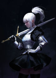 Rule 34 | 1girl, armor, black background, black dress, black thighhighs, blunt bangs, breastplate, breasts, claymore (sword), cowboy shot, dongho kang, dress, from side, gauntlets, hand on own hip, highres, holding, holding sword, holding weapon, lips, long hair, medium breasts, nose, original, pointy ears, ponytail, puffy sleeves, red eyes, serious, simple background, solo, sword, thighhighs, weapon, white hair, zettai ryouiki
