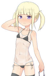 Rule 34 | 1girl, arm behind head, bare arms, bare shoulders, bikini, black bikini, blonde hair, blunt bangs, blush, child, contrapposto, covered navel, cowboy shot, flat chest, gluteal fold, hand up, highres, holding, looking at viewer, navel, one-piece swimsuit, original, purple eyes, see-through bikini, short hair, side-tie bikini bottom, simple background, solo, standing, sweat, sweatdrop, swimsuit, swimsuit under swimsuit, thighhighs, twintails, white background, white one-piece swimsuit, yakihebi