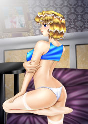 Rule 34 | 1990s (style), 1girl, agent aika, aika (series), ass, bare shoulders, bed, blonde hair, blue bra, blue delmo, blue eyes, blush, bra, breasts, catherine (agent aika), closed mouth, covered erect nipples, delmo, dress, indoors, medium breasts, on bed, panties, pantyshot, retro artstyle, shiny skin, short dress, short hair, skin tight, solo, sports bra, thighhighs, thighs, underwear, underwear only, yuusuke (ziyasu)