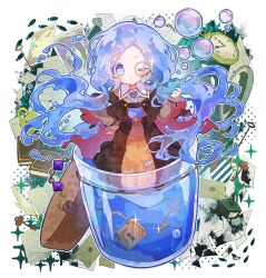 Rule 34 | 1girl, blue eyes, blue hair, book, bright pupils, brown dress, bubble, capelet, commentary request, detective, dress, envelope, footprints, glint, green background, hand on own hip, hero (merc storia), hibi89, holding, holding smoking pipe, inkwell, jar, jewelry, key, liquid hair, lock, long hair, long sleeves, magnifying glass, merc (merc storia), merc storia, mini person, minigirl, monocle, necktie, one eye closed, photo (object), pocket watch, purple necktie, quill, ring, smoking pipe, solo, sparkle, toto (merc storia), watch, wax seal, white background, white pupils