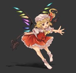 Rule 34 | 1girl, :d, ascot, blonde hair, crystal, fang, flandre scarlet, full body, grey background, hat, highres, laevatein (touhou), luo qiangwei, mob cap, open mouth, red eyes, simple background, skin fang, smile, socks, solo, touhou, wings